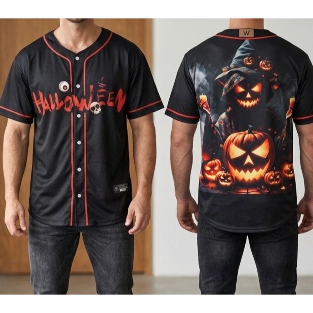 Halloween Shirt Mens XXL Haunted Pumpkin Baseball Jersey Novelty Streetwear
